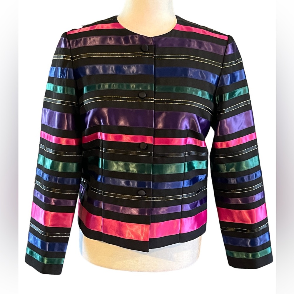 Vintage Talbots Petite Collarless Black Blazer with Multi Color Ribbon S…